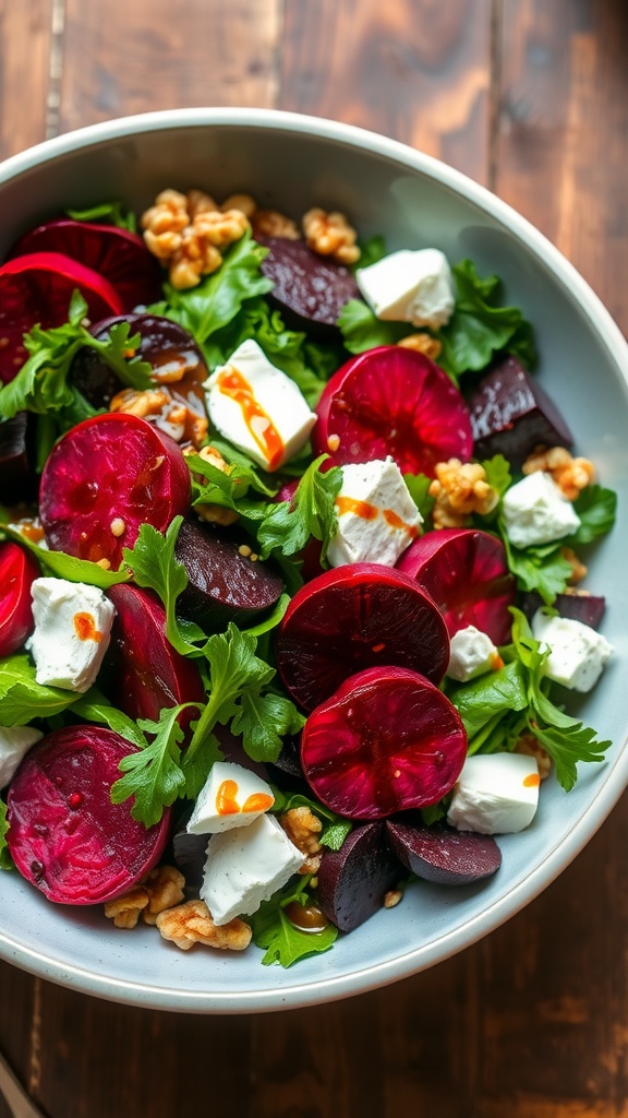 A vibrant salad with roasted beetroot, goat cheese, mixed greens, and walnuts on a wooden table.